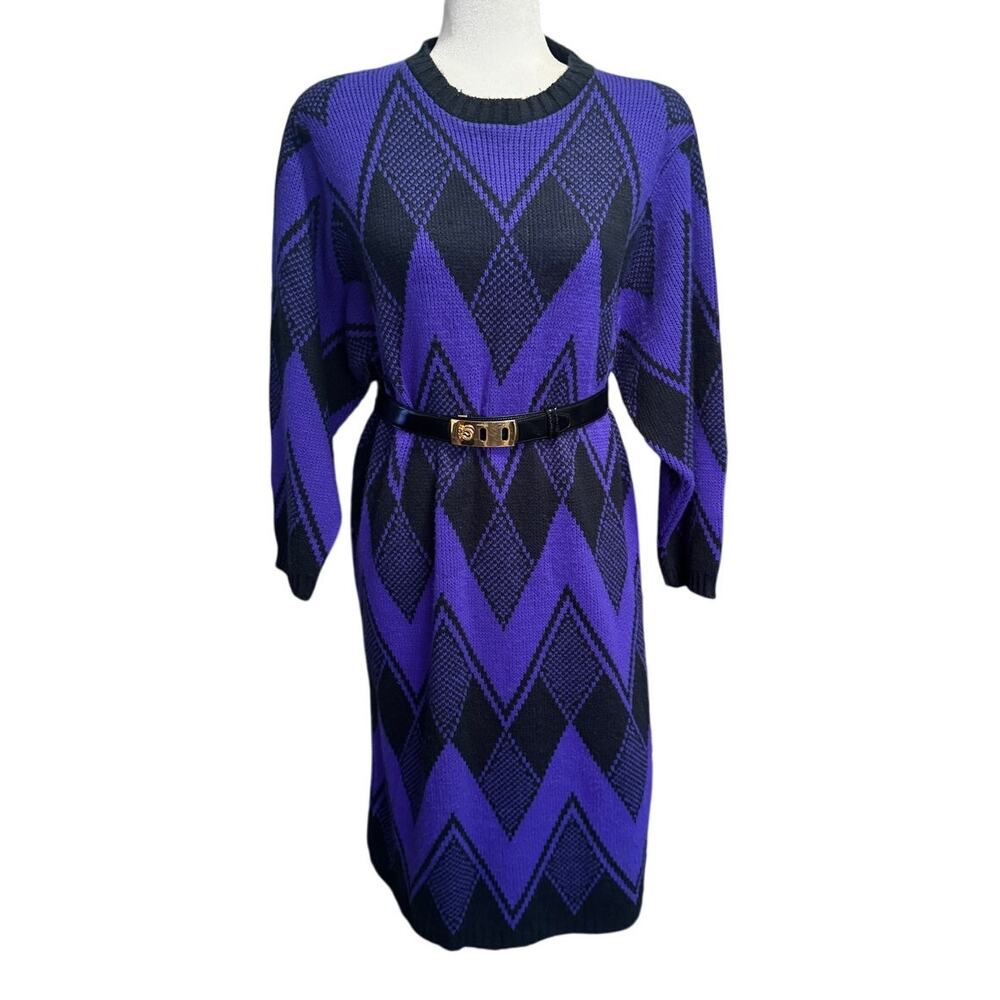 Vintage 1980s Limited Express Sweater Dress Purple Black Chevron Argyle Knit